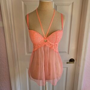 Victoria's Secret Bright Peach Mesh Babydoll Top‎ Nightie Size 34B Lingerie